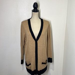 CARDIGAN Wool tan camel button up knit black trim detail sweater Large